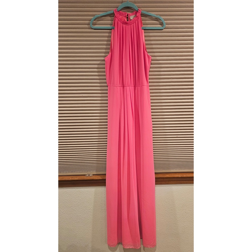 Ted Baker London Pink Pleated Halter Maxi Dress Ruffle Neck Size 1 Chic Elegant‎